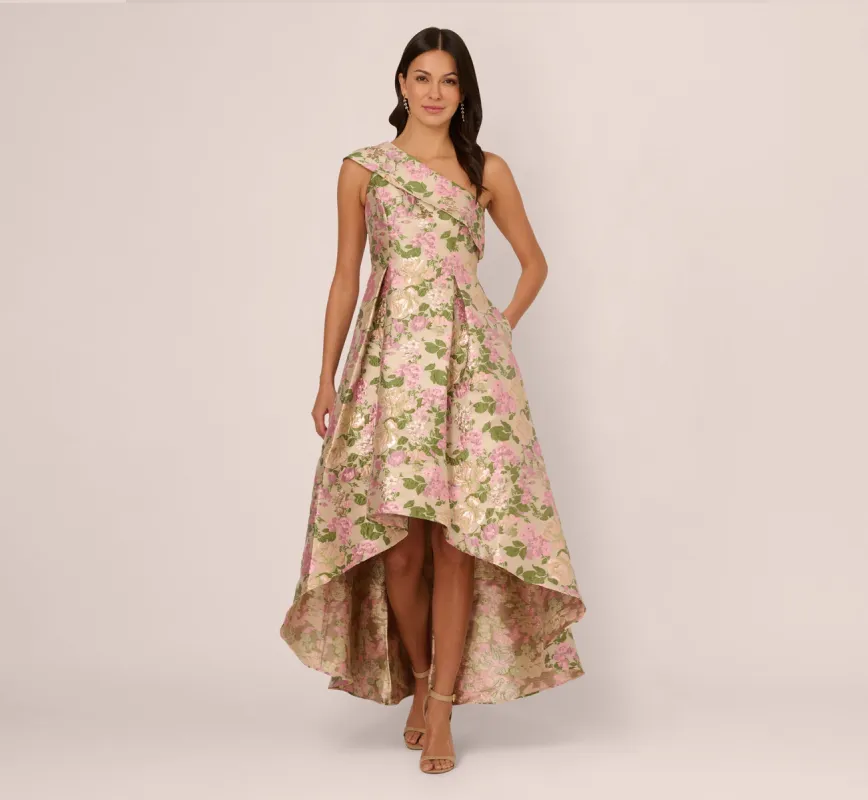 One Shoulder Metallic Floral Jacquard High Low Gown In Pink Green Multi sold by Adrianna Papell
