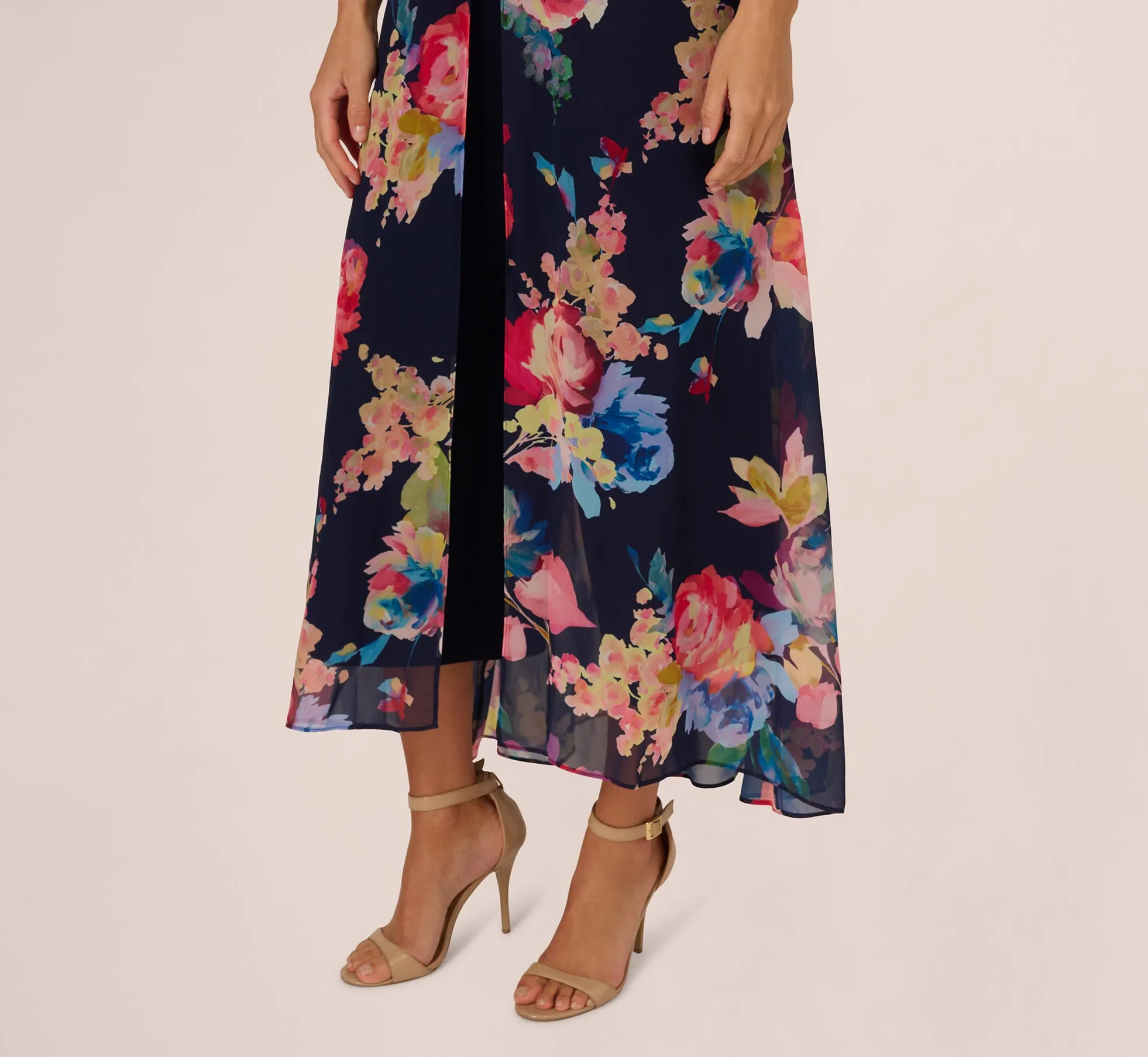 Sleeveless Floral Chiffon Overlay Jumpsuit In Navy Multi sold by Adrianna Papell product image thumbnail 5
