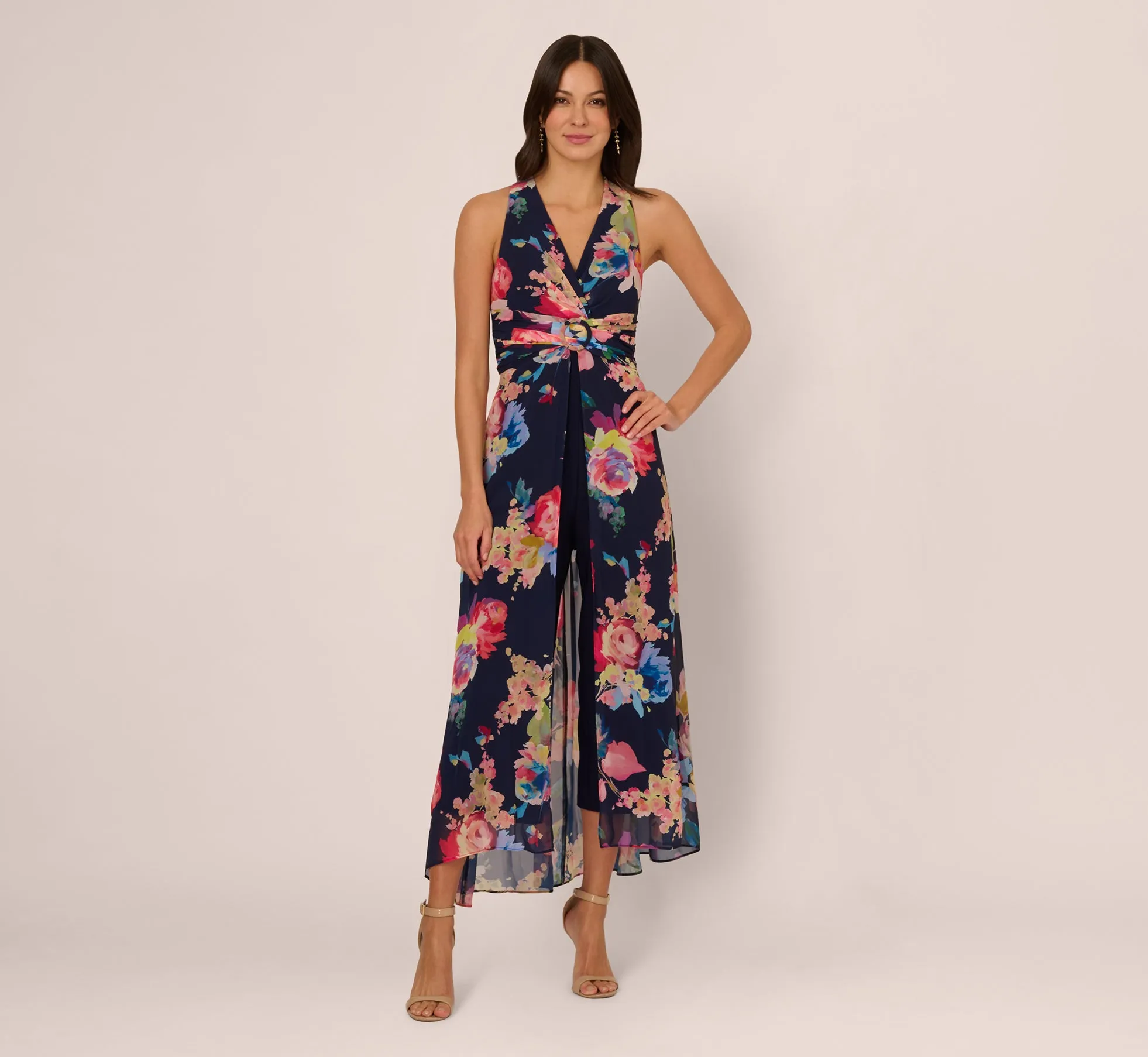 Sleeveless Floral Chiffon Overlay Jumpsuit In Navy Multi sold by Adrianna Papell