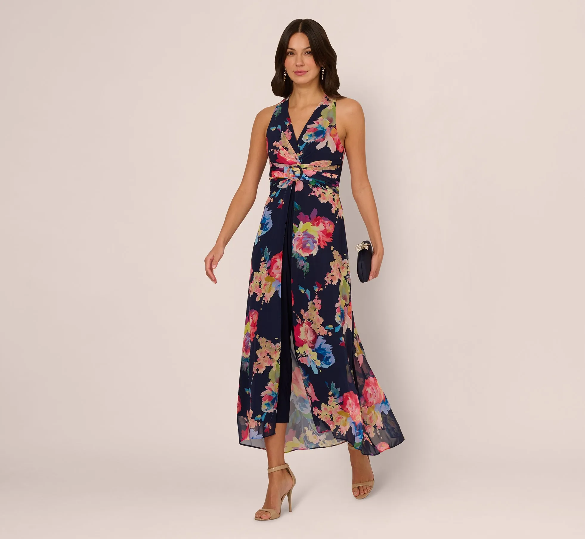 Sleeveless Floral Chiffon Overlay Jumpsuit In Navy Multi sold by Adrianna Papell product image thumbnail 2