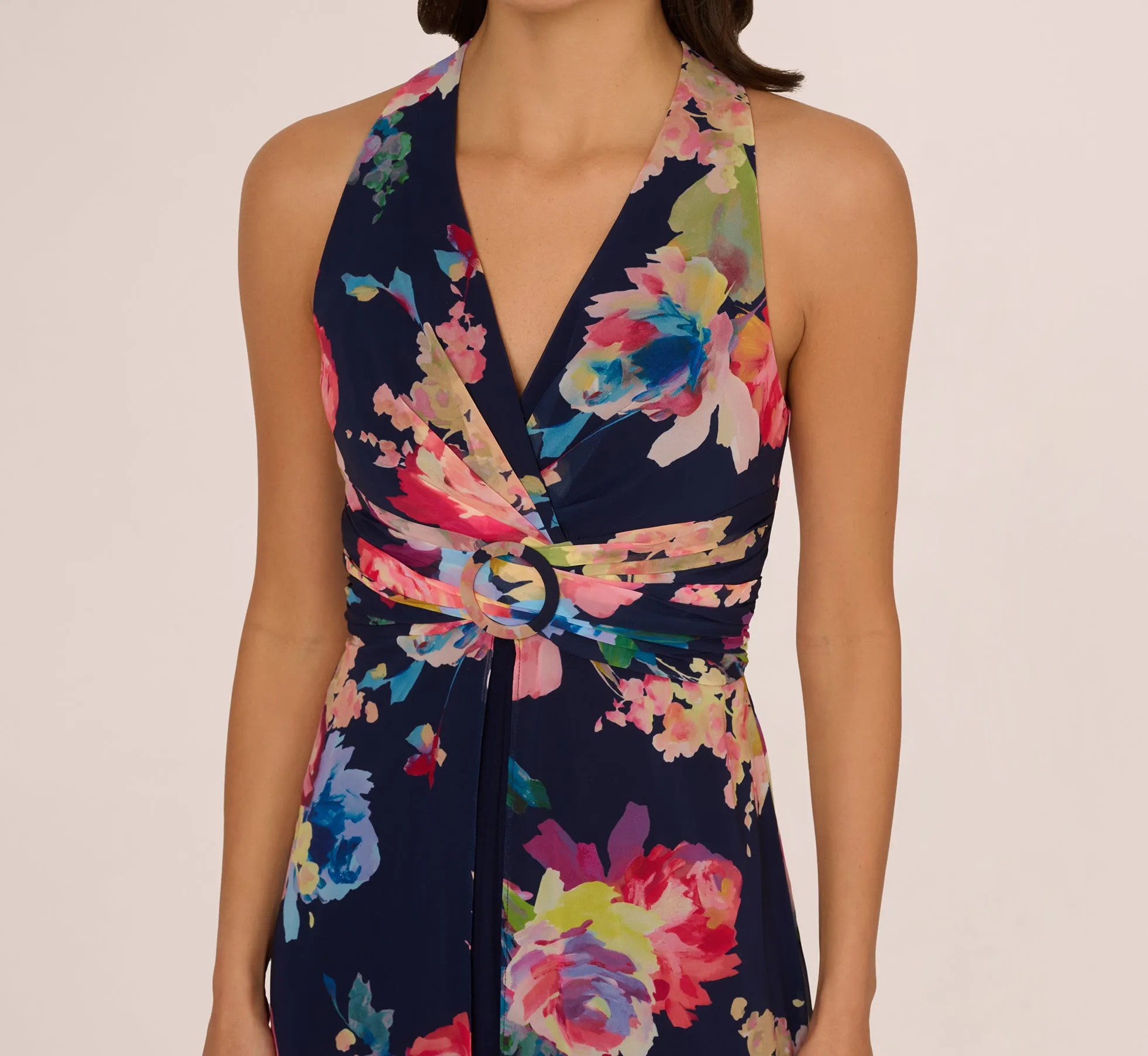 Sleeveless Floral Chiffon Overlay Jumpsuit In Navy Multi sold by Adrianna Papell product image thumbnail 3