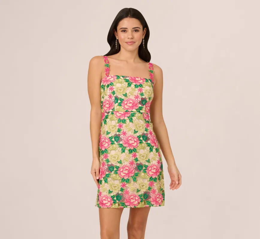 Sleeveless Floral Embroidery Short Sheath Dress In Pink Green Multi sold by Adrianna Papell