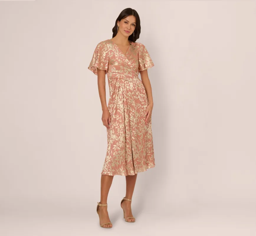 Flutter Sleeve Draped Foil Leaf Midi Dress In Coral Gold sold by Adrianna Papell