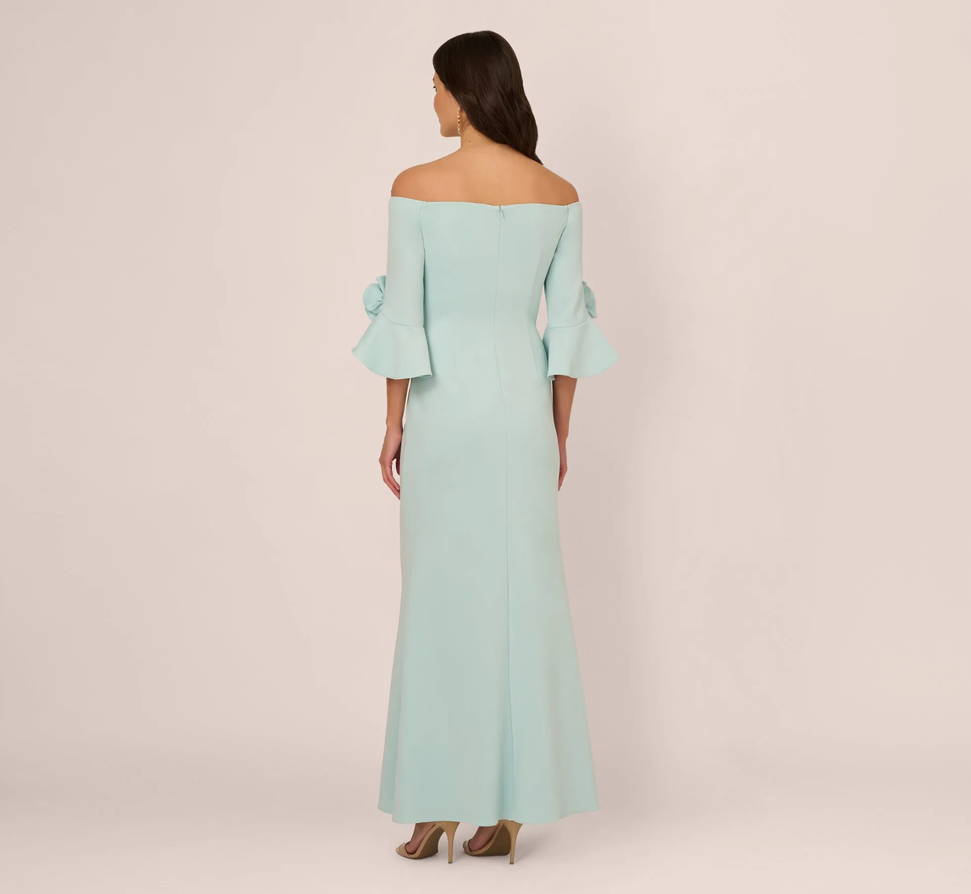 Off Shoulder Bell Sleeve Rosette Gown In Airy Aqua sold by Adrianna Papell product image thumbnail 4