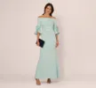 Off Shoulder Bell Sleeve Rosette Gown In Airy Aqua sold by Adrianna Papell