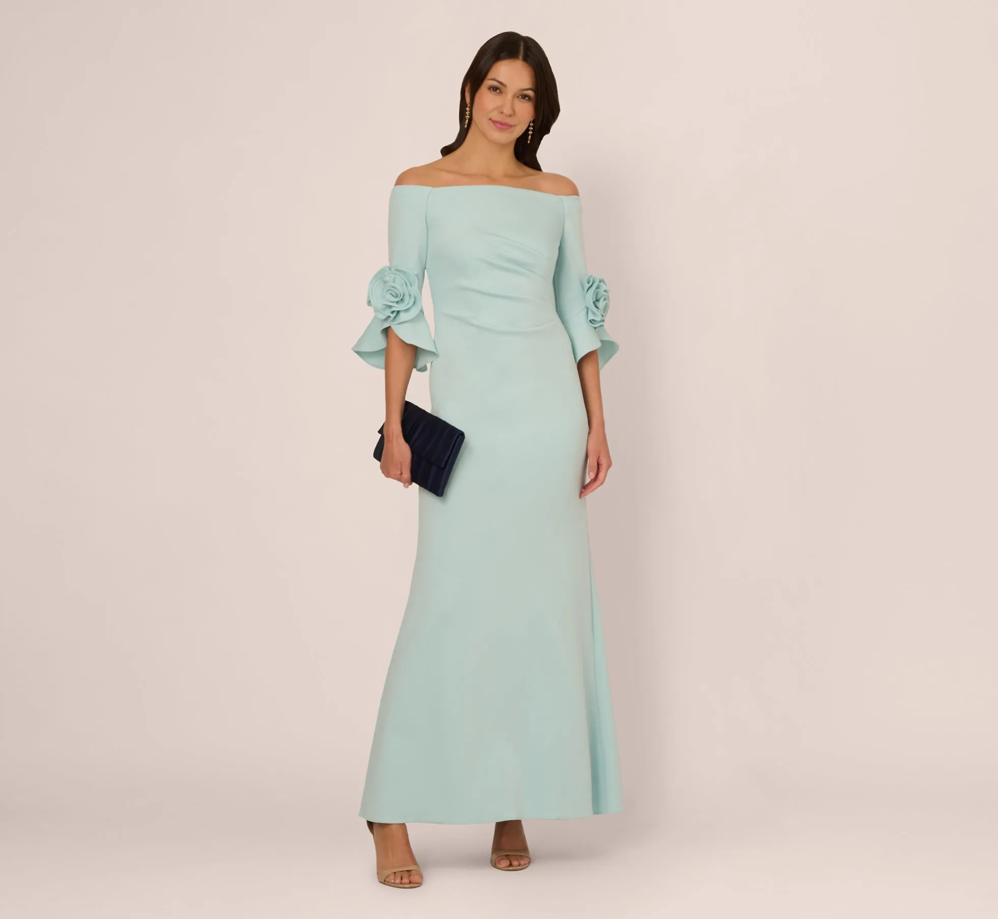 Off Shoulder Bell Sleeve Rosette Gown In Airy Aqua sold by Adrianna Papell product image thumbnail 2