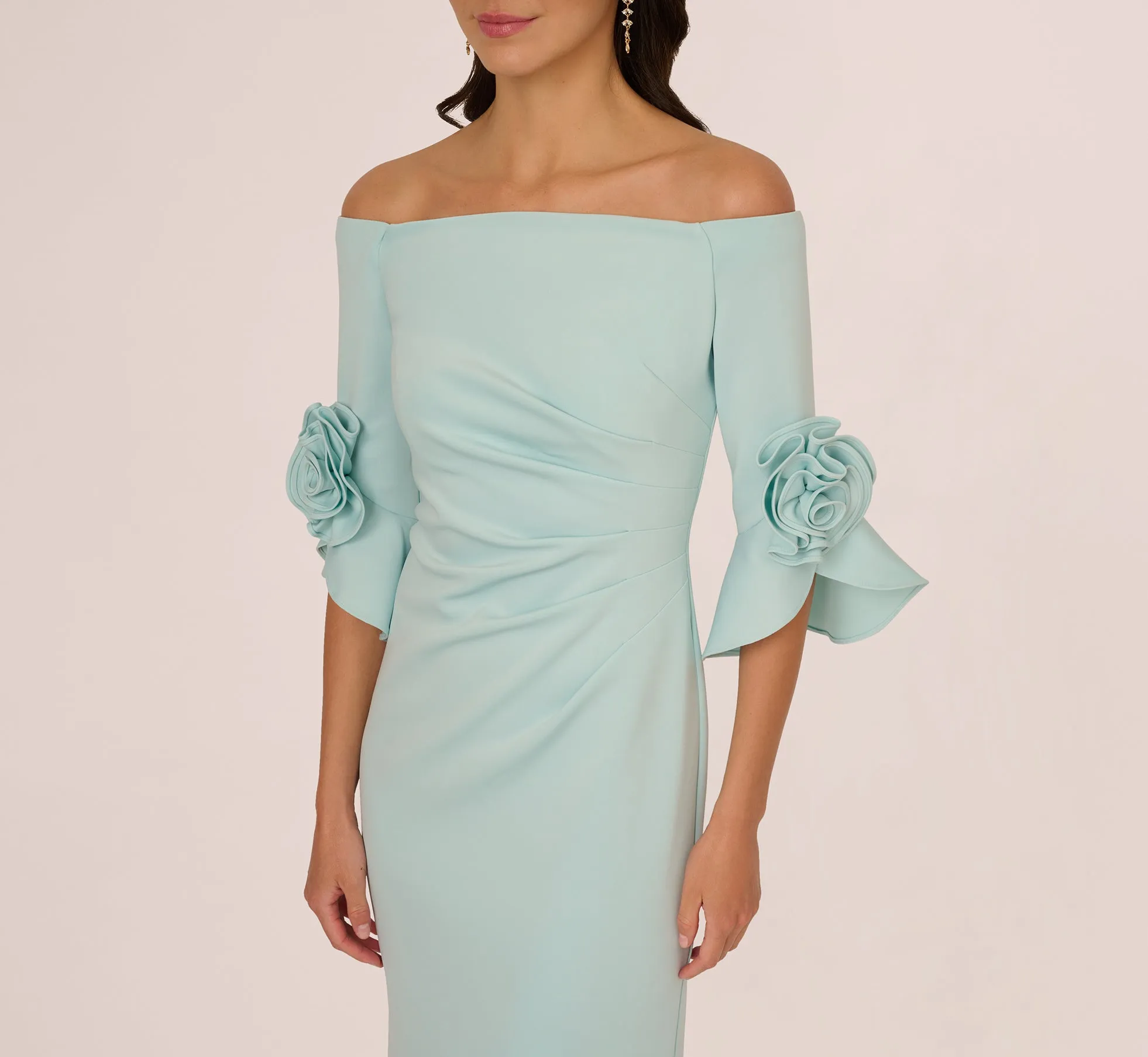 Off Shoulder Bell Sleeve Rosette Gown In Airy Aqua sold by Adrianna Papell product image thumbnail 3