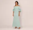 Off Shoulder Bell Sleeve Rosette Gown In Airy Aqua sold by Adrianna Papell