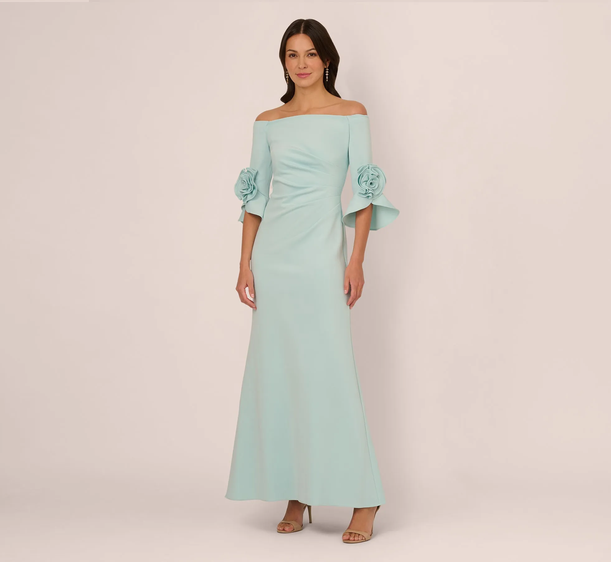 Off Shoulder Bell Sleeve Rosette Gown In Airy Aqua sold by Adrianna Papell