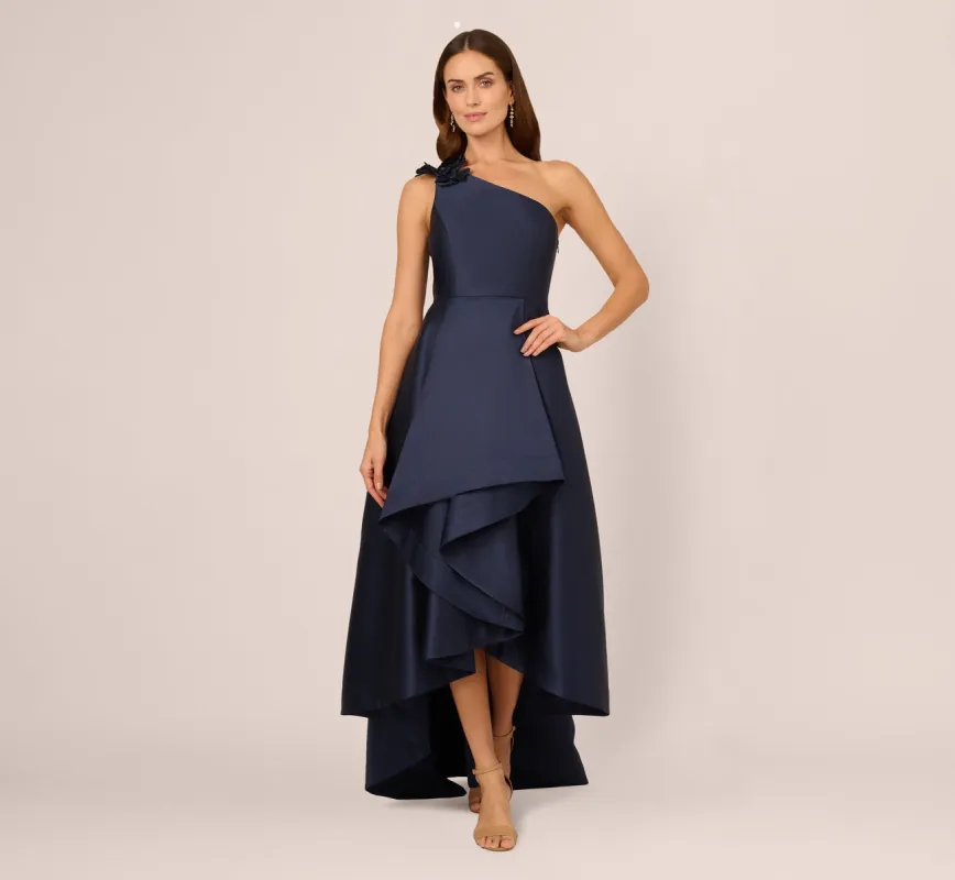One Shoulder Draped Mikado High Low Gown In Midnight sold by Adrianna Papell