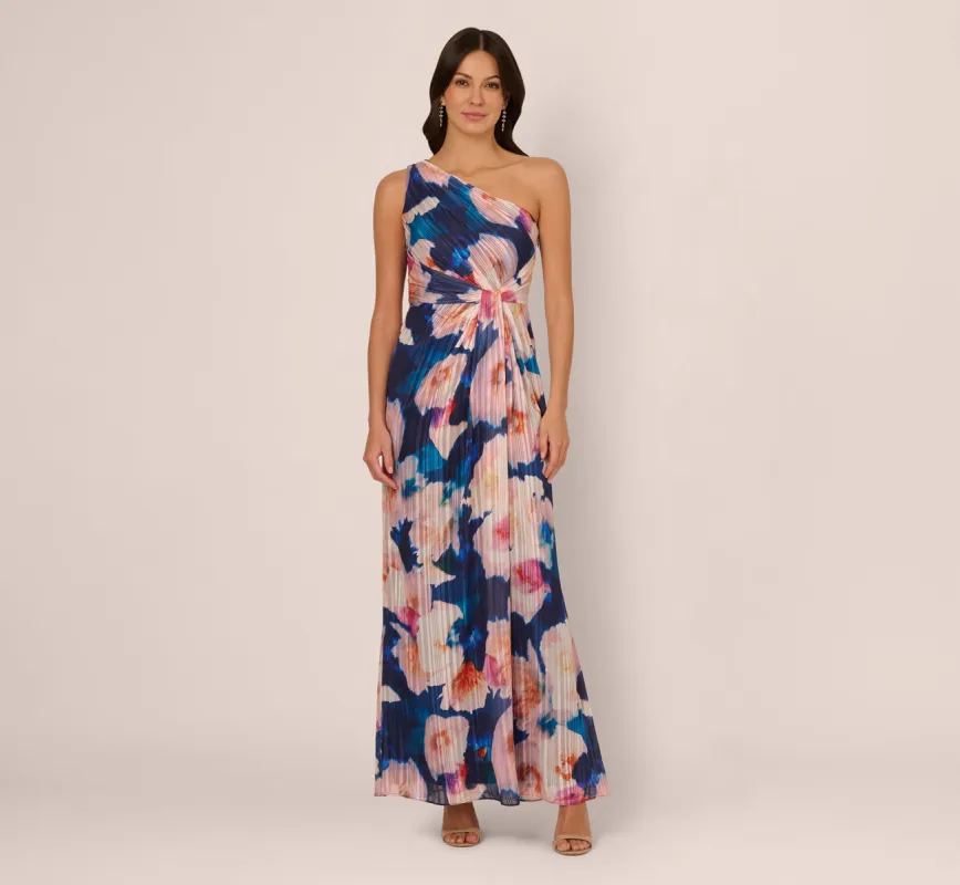Floral Print Chiffon Gown With One Shoulder Neckline In Navy Blush sold by Adrianna Papell