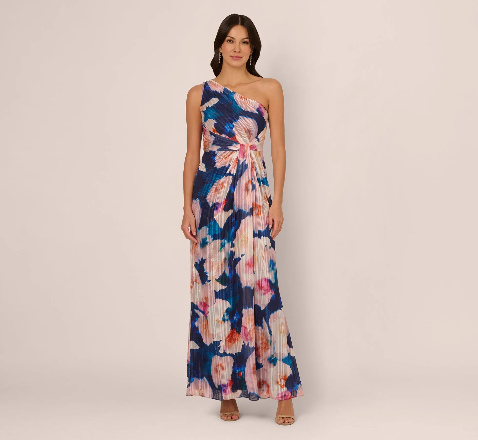 Floral Print Chiffon Gown With One Shoulder Neckline In Navy Blush sold by Adrianna Papell