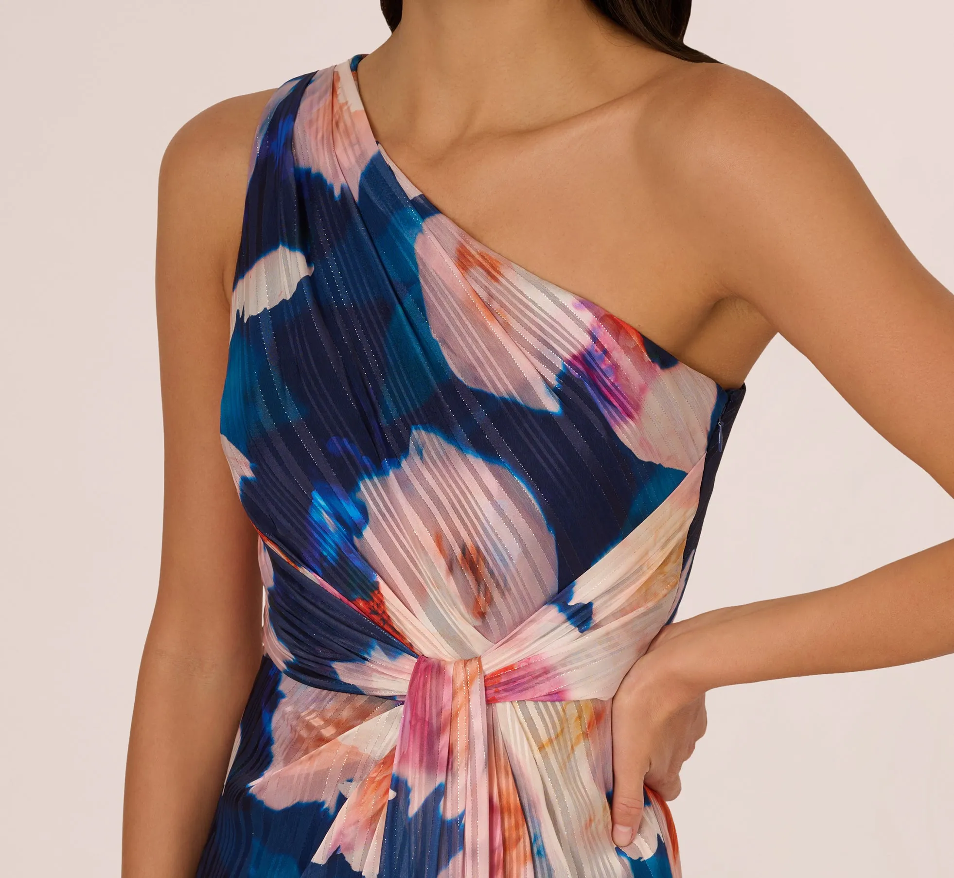 Floral Print Chiffon Gown With One Shoulder Neckline In Navy Blush sold by Adrianna Papell product image thumbnail 3