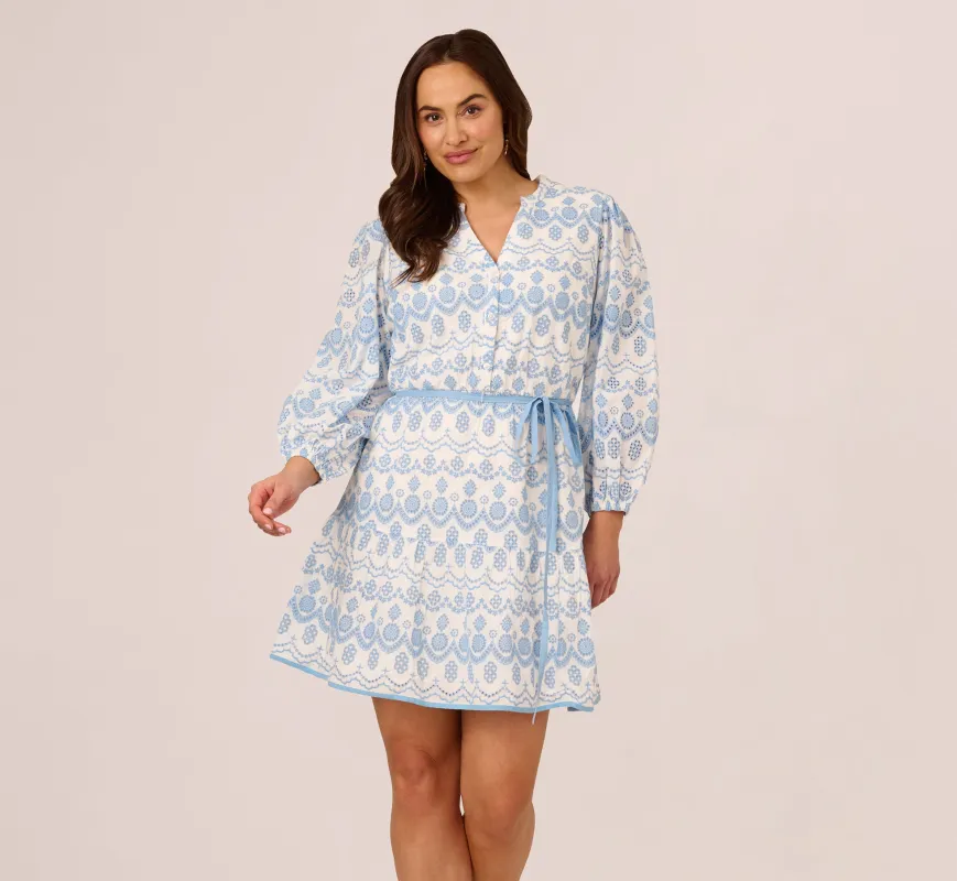 Plus Size Long Sleeve Flounce Eyelet Shirt Dress In Light Blue Ivory sold by Adrianna Papell