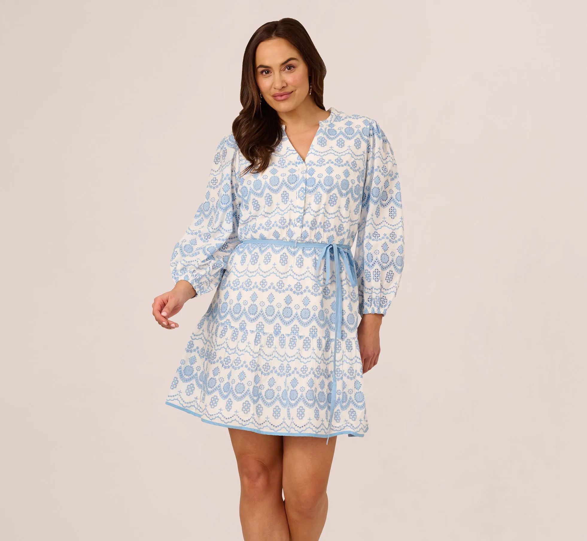 Plus Size Long Sleeve Flounce Eyelet Shirt Dress In Light Blue Ivory sold by Adrianna Papell
