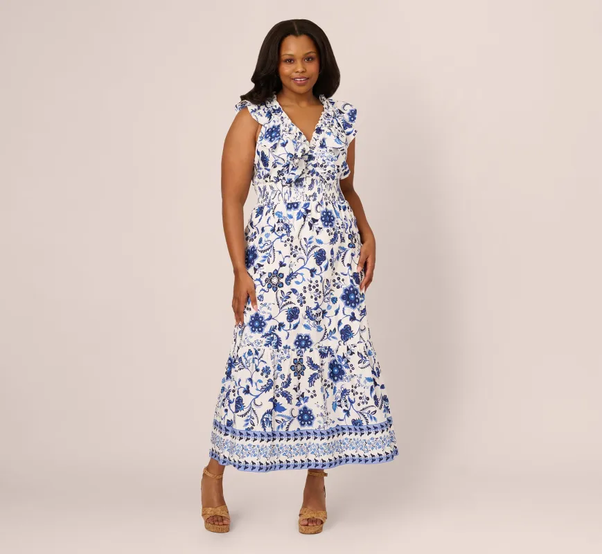 Plus Size Sleeveless Ruffle Collar Printed Midi Dress In White Blue Multi sold by Adrianna Papell
