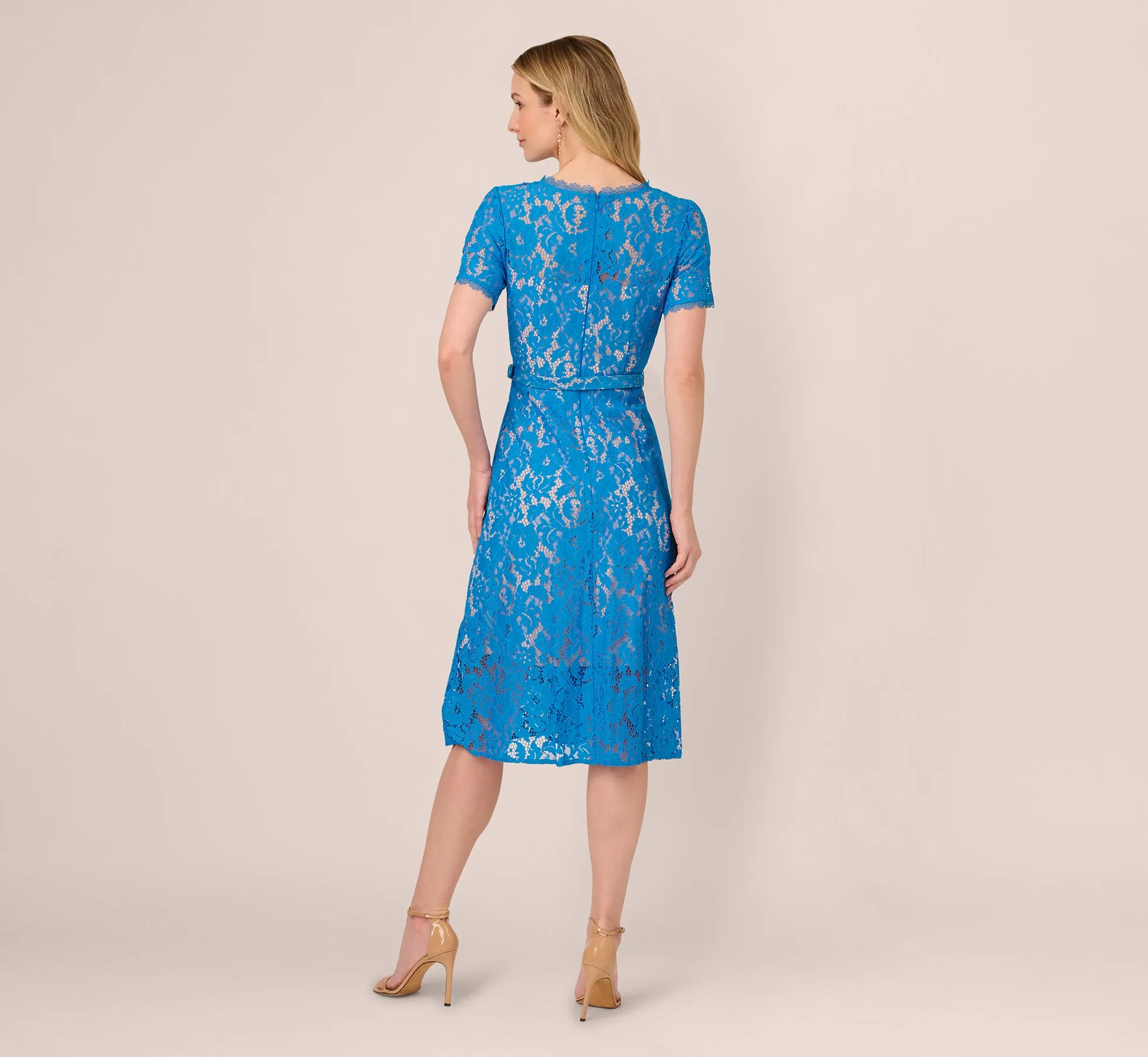 Short Sleeve Belted Lace Midi Dress In Blue Wave sold by Adrianna Papell product image thumbnail 4