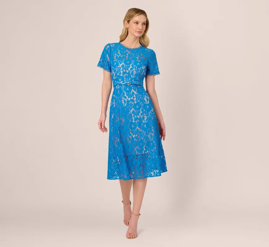 Short Sleeve Belted Lace Midi Dress In Blue Wave sold by Adrianna Papell
