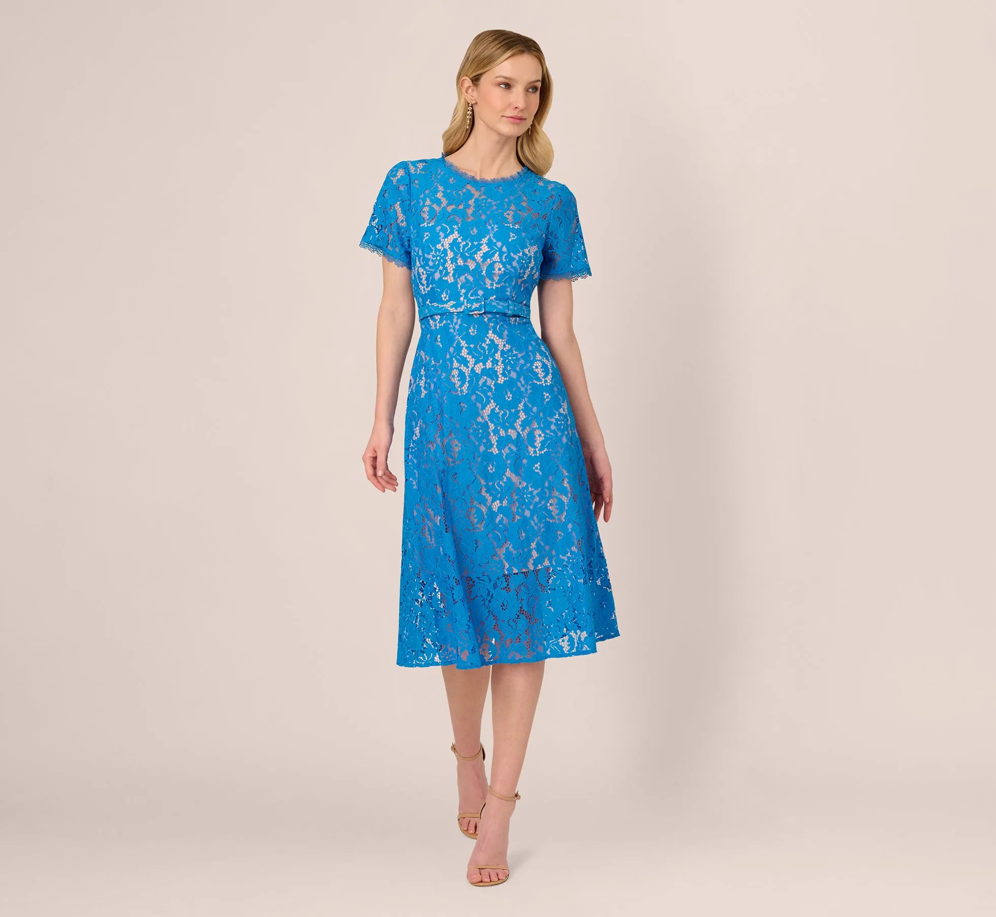 Short Sleeve Belted Lace Midi Dress In Blue Wave sold by Adrianna Papell
