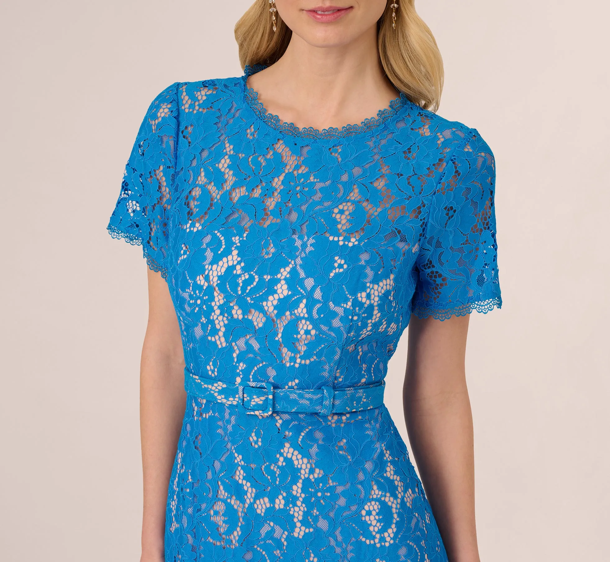 Short Sleeve Belted Lace Midi Dress In Blue Wave sold by Adrianna Papell product image thumbnail 3