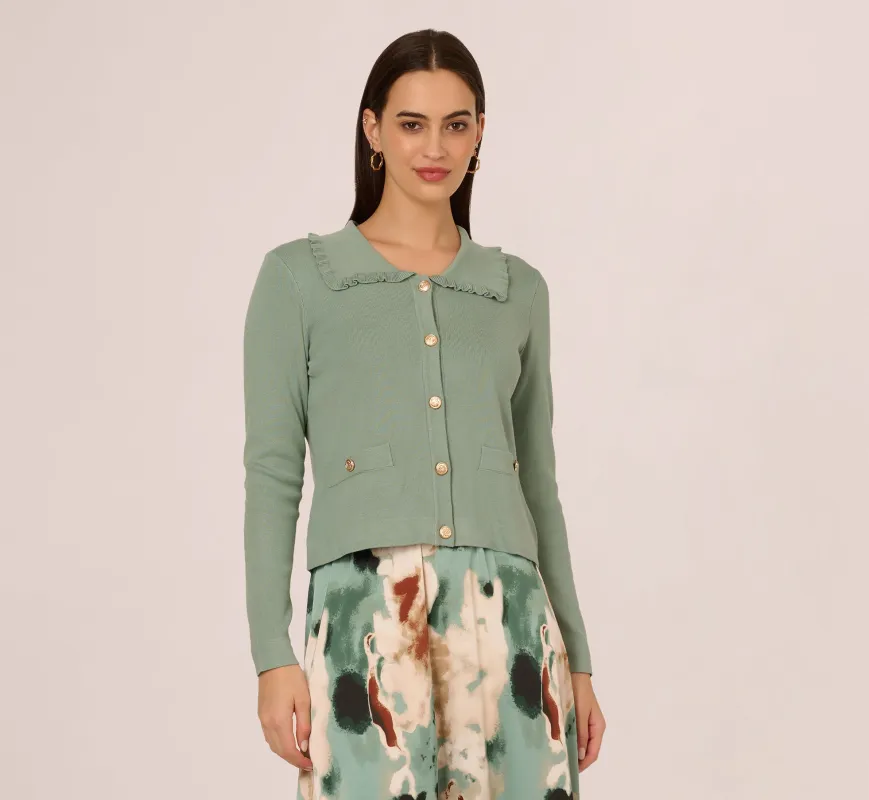 Ruffle Sailor Collar Cardigan In Sage Milieu sold by Adrianna Papell