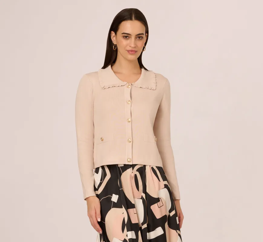 Ruffle Sailor Collar Cardigan In Oat Milk sold by Adrianna Papell