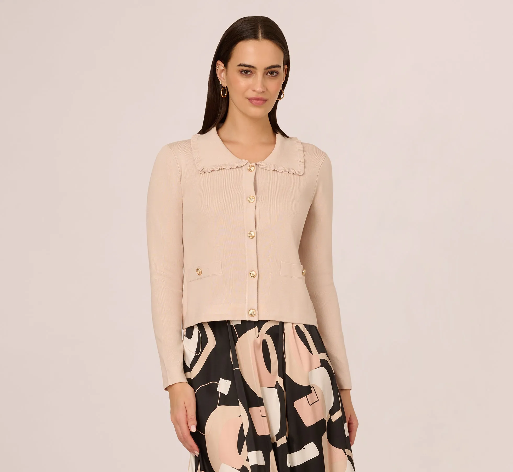 Ruffle Sailor Collar Cardigan In Oat Milk sold by Adrianna Papell