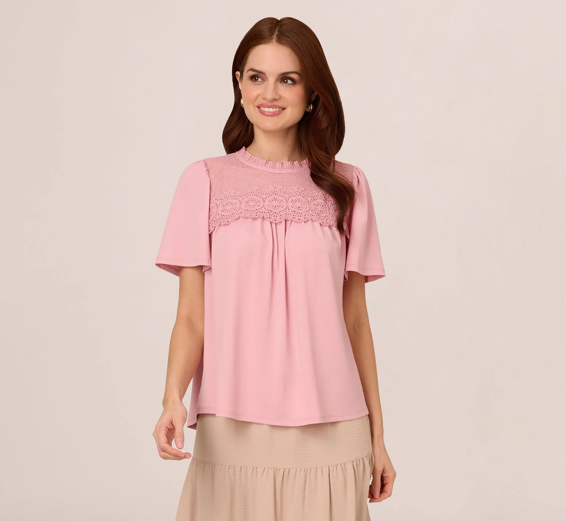 Flutter Sleeve Lace Yoke Trapeze Top In Pink Nectar sold by Adrianna Papell