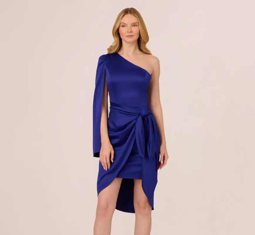 One Shoulder Satin Knot Draped Midi Dress In Dark Blue Violet sold by Adrianna Papell