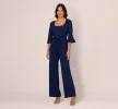 Knit Crepe Wide Leg Jumpsuit With Bell Sleeves In Navy Sateen sold by Adrianna Papell