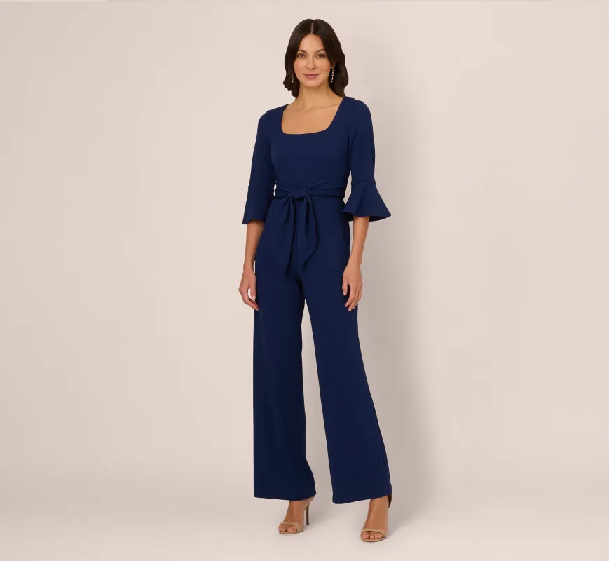 Knit Crepe Wide Leg Jumpsuit With Bell Sleeves In Navy Sateen sold by Adrianna Papell