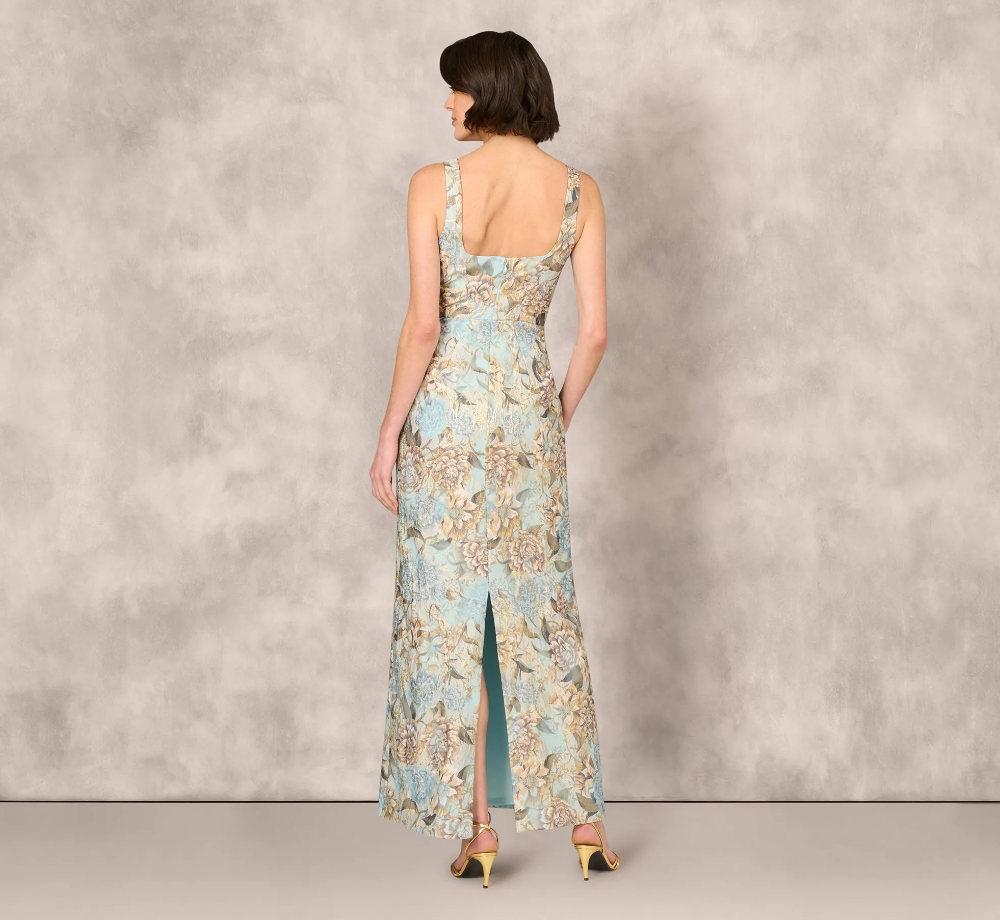 Sleeveless Square Neck Floral Jacquard Column Gown In Blue Gold sold by Adrianna Papell product image thumbnail 4