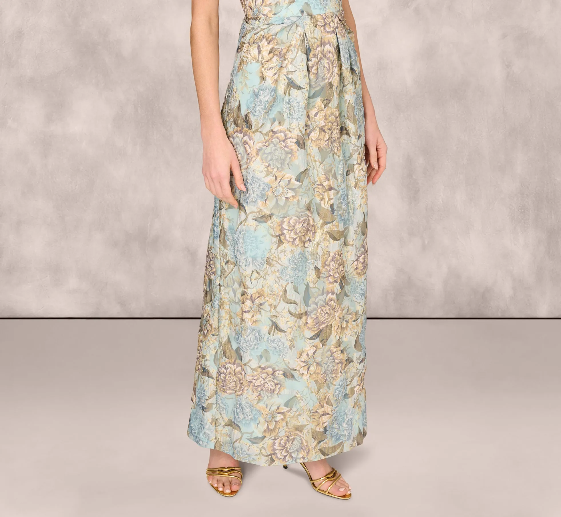 Sleeveless Square Neck Floral Jacquard Column Gown In Blue Gold sold by Adrianna Papell product image thumbnail 5