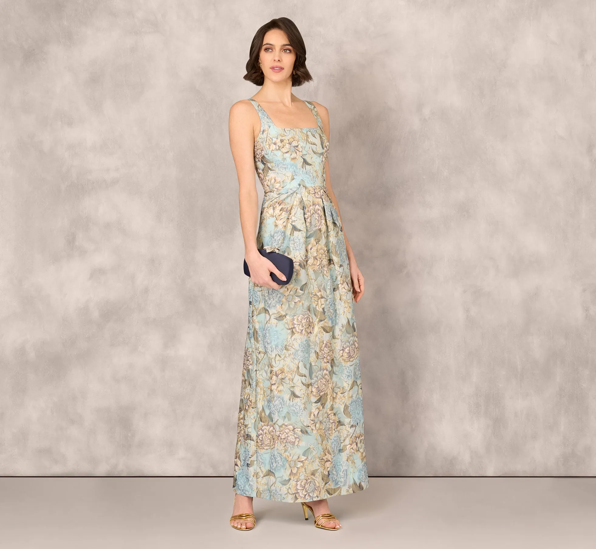 Sleeveless Square Neck Floral Jacquard Column Gown In Blue Gold sold by Adrianna Papell product image thumbnail 2