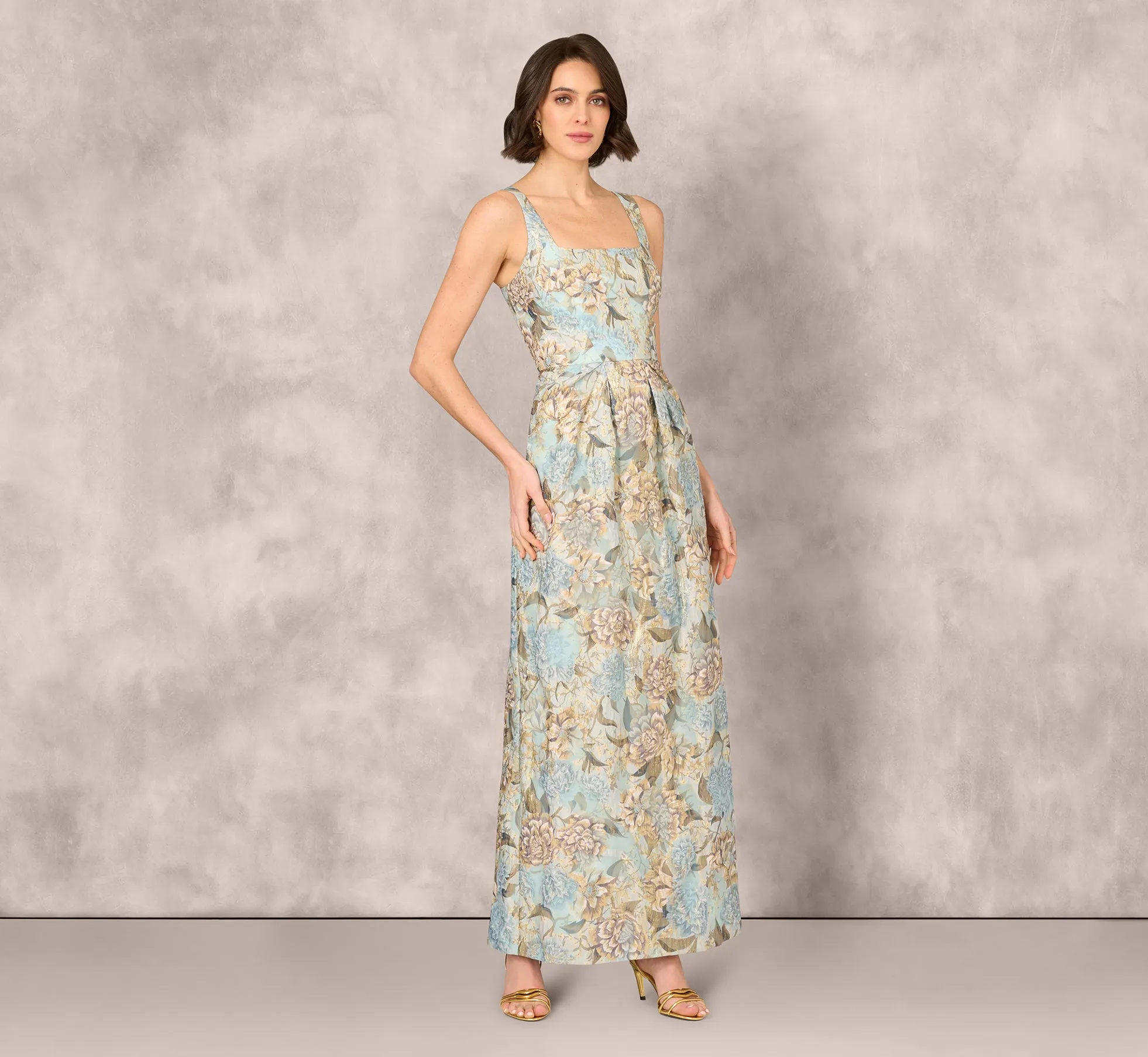 Sleeveless Square Neck Floral Jacquard Column Gown In Blue Gold sold by Adrianna Papell