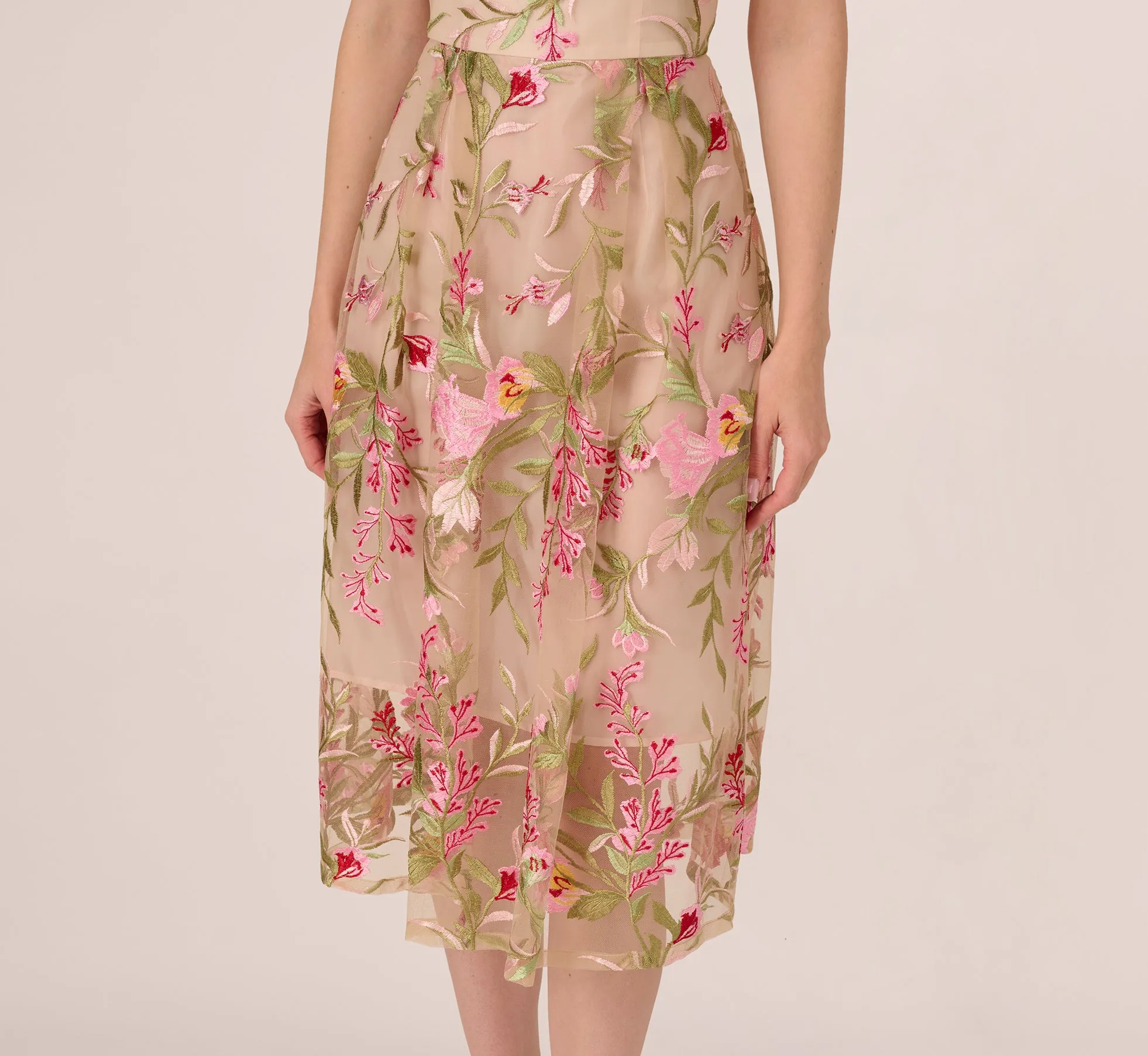 Halter Floral Embroidered Illusion Midi Dress In Pink Multi sold by Adrianna Papell product image thumbnail 5