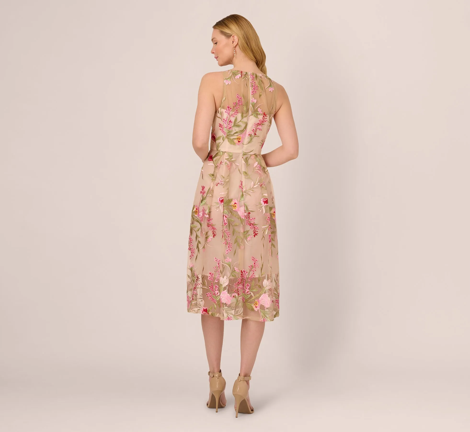 Halter Floral Embroidered Illusion Midi Dress In Pink Multi sold by Adrianna Papell product image thumbnail 4