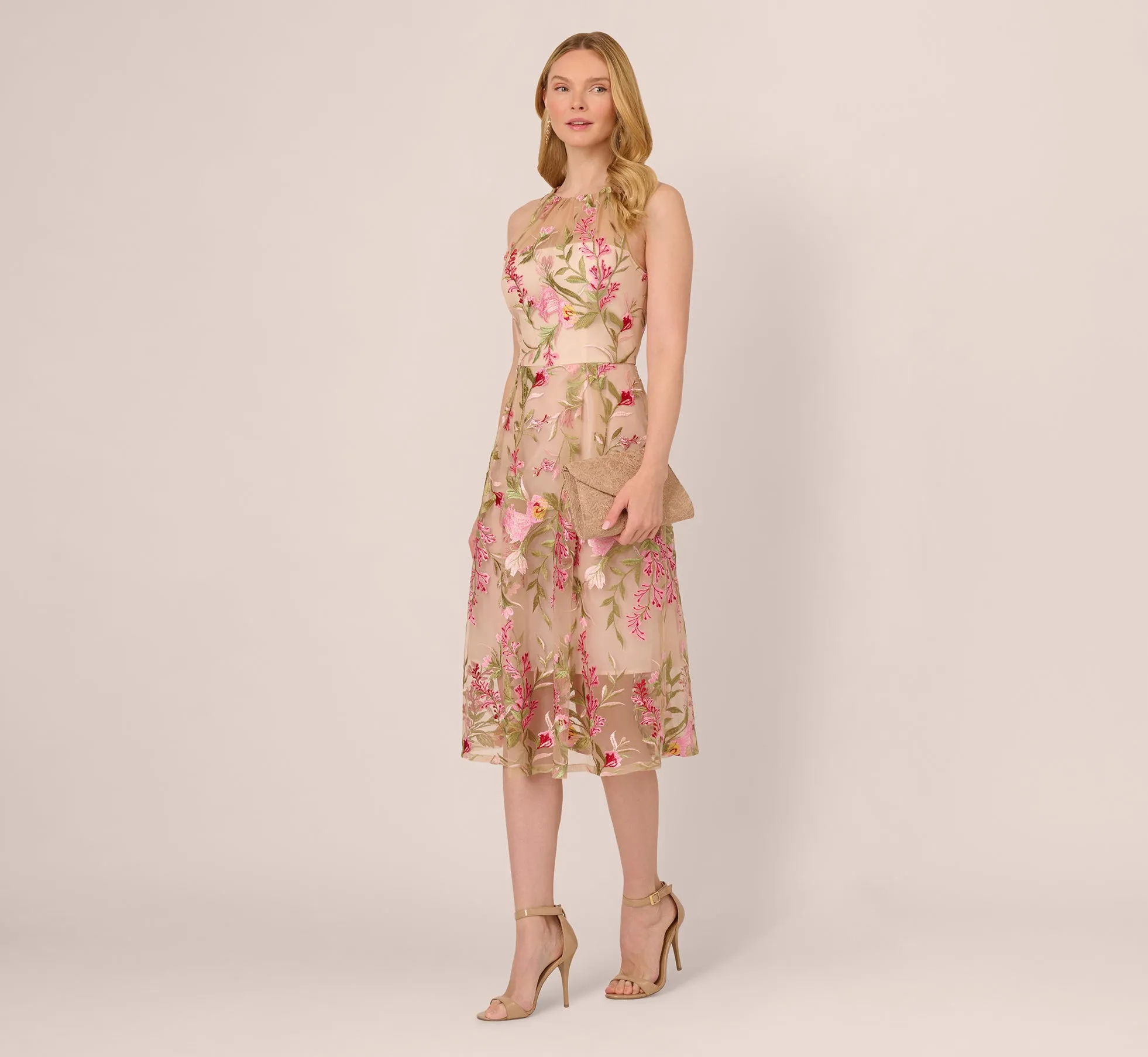 Halter Floral Embroidered Illusion Midi Dress In Pink Multi sold by Adrianna Papell product image thumbnail 2