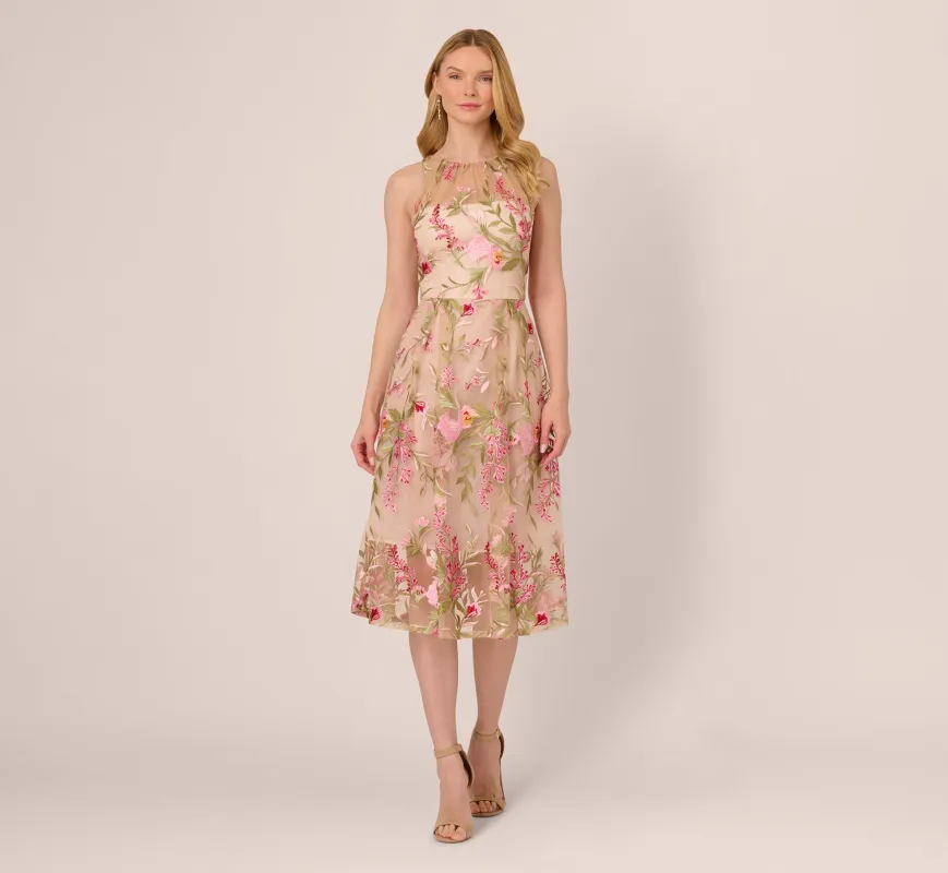 Halter Floral Embroidered Illusion Midi Dress In Pink Multi sold by Adrianna Papell