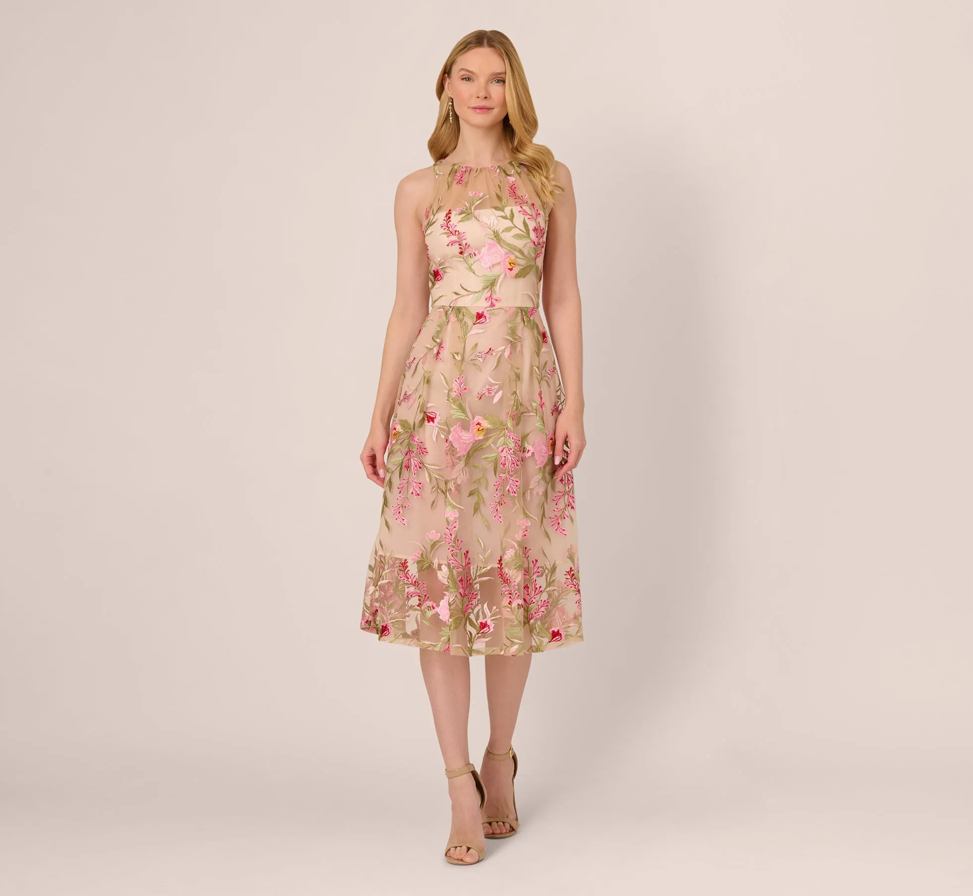 Halter Floral Embroidered Illusion Midi Dress In Pink Multi sold by Adrianna Papell