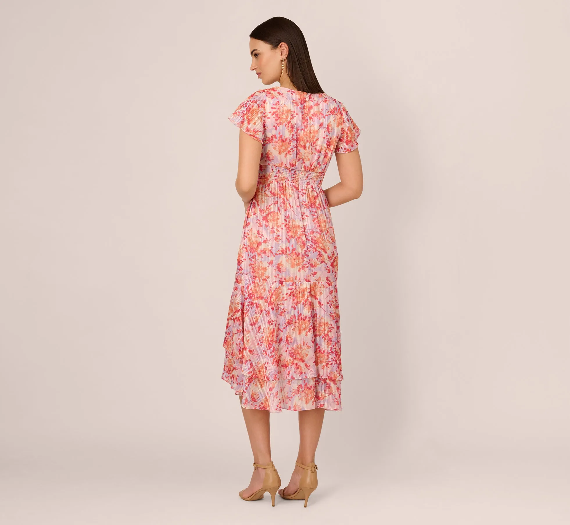 Flutter Sleeve Floral Stripe Flounce Midi Dress In Peri Coral Multi sold by Adrianna Papell product image thumbnail 4
