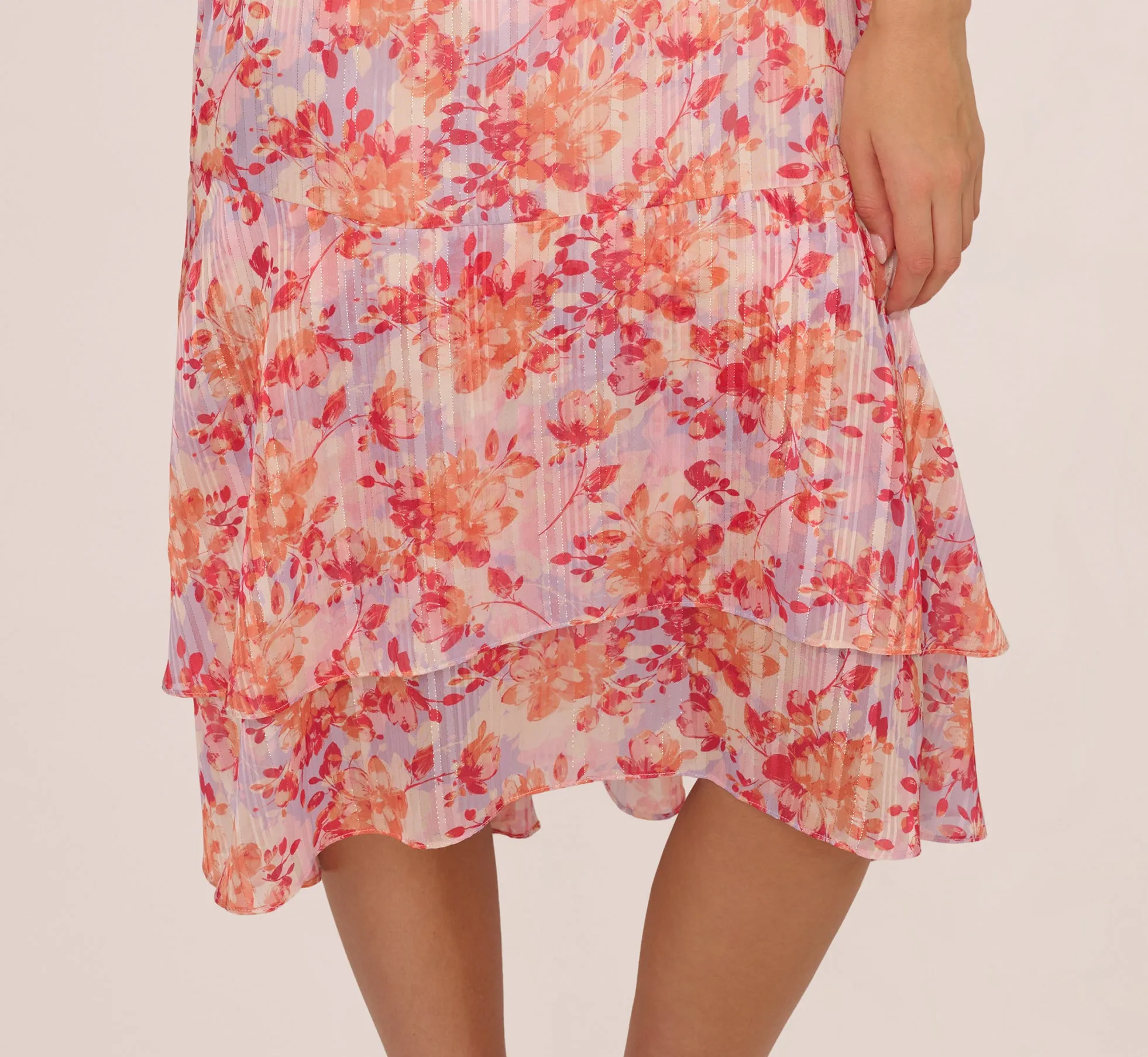 Flutter Sleeve Floral Stripe Flounce Midi Dress In Peri Coral Multi sold by Adrianna Papell product image thumbnail 5