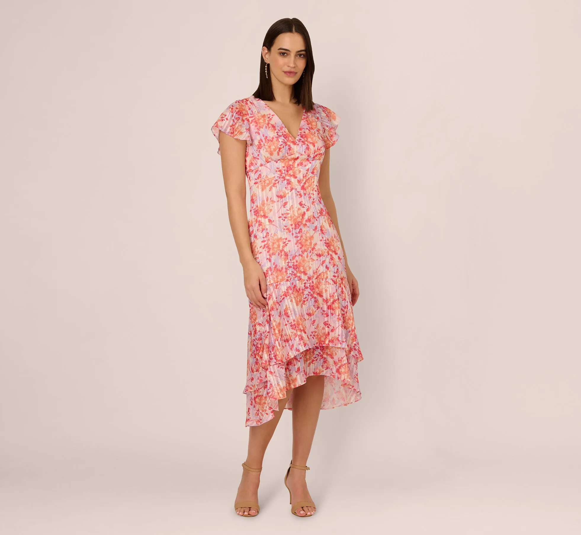Flutter Sleeve Floral Stripe Flounce Midi Dress In Peri Coral Multi sold by Adrianna Papell