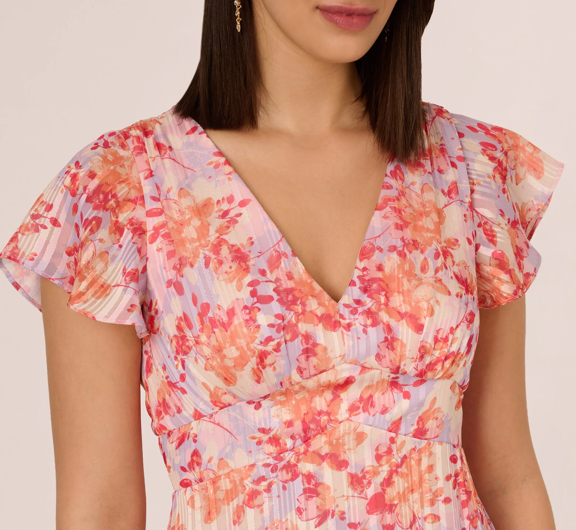 Flutter Sleeve Floral Stripe Flounce Midi Dress In Peri Coral Multi sold by Adrianna Papell product image thumbnail 3