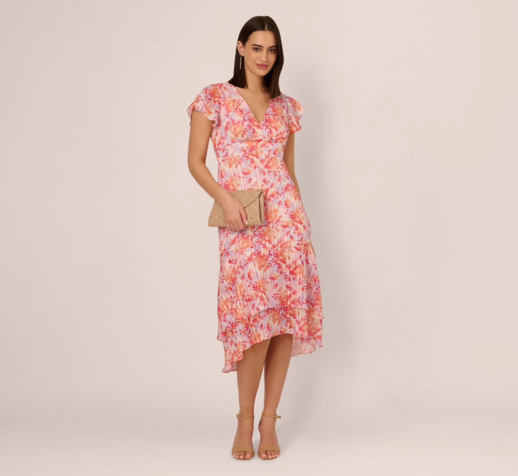 Flutter Sleeve Floral Stripe Flounce Midi Dress In Peri Coral Multi sold by Adrianna Papell product image thumbnail 2