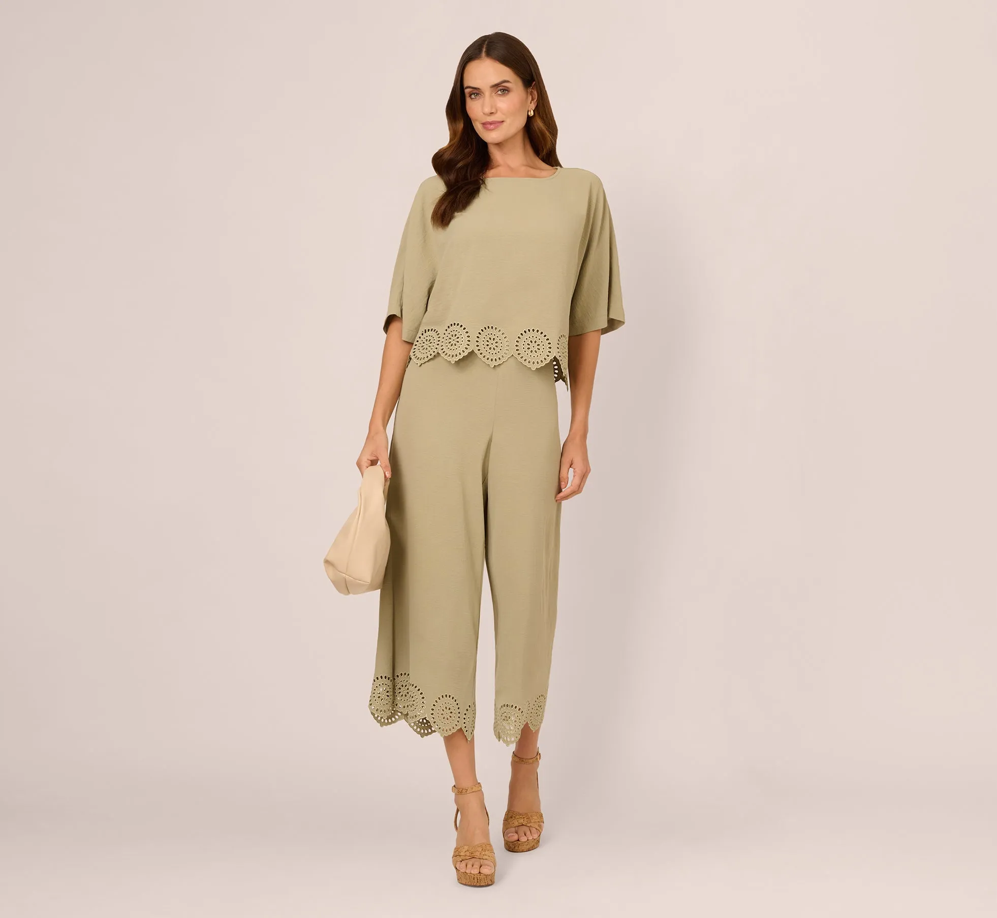 Eyelet Hem Dolman Sleeve Shirt And Pull On Pant Set In Dusty Sage Green sold by Adrianna Papell product image thumbnail 2