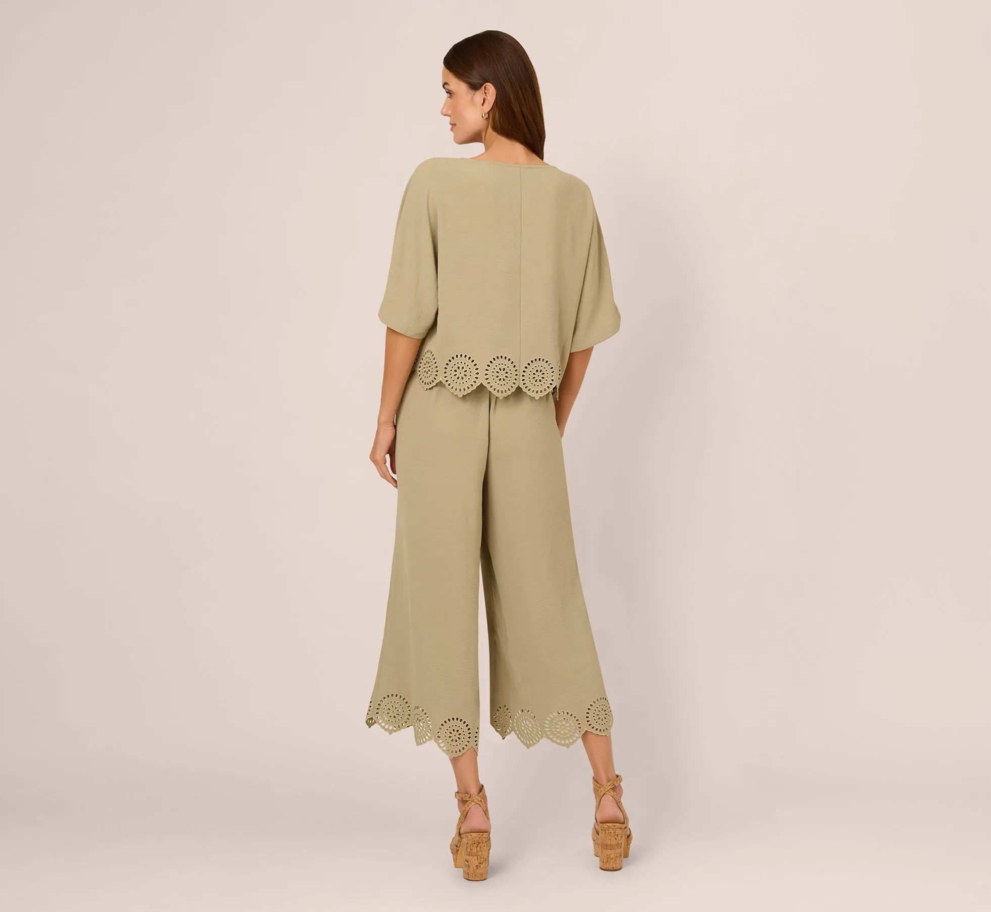 Eyelet Hem Dolman Sleeve Shirt And Pull On Pant Set In Dusty Sage Green sold by Adrianna Papell product image thumbnail 4