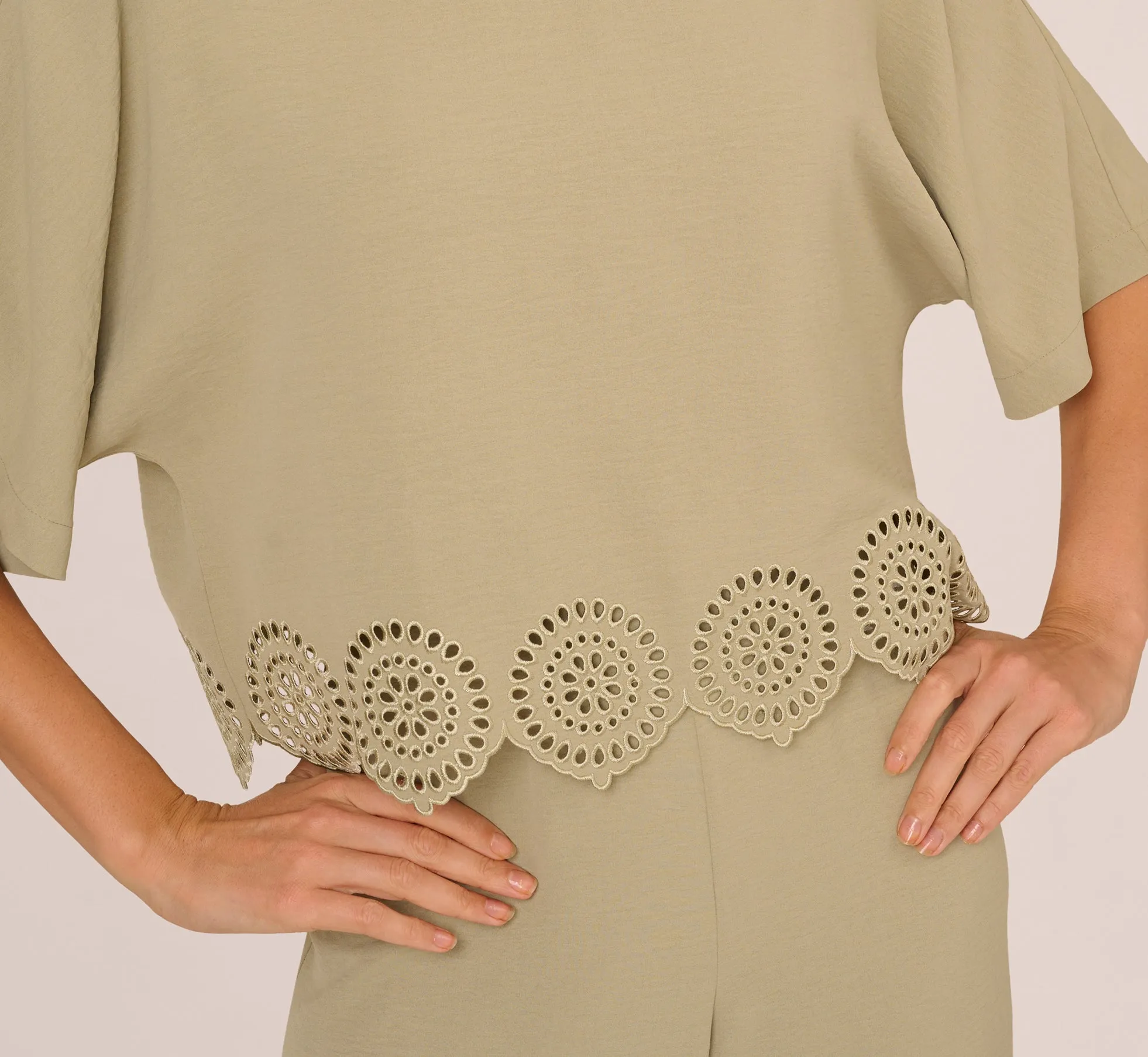 Eyelet Hem Dolman Sleeve Shirt And Pull On Pant Set In Dusty Sage Green sold by Adrianna Papell product image thumbnail 3