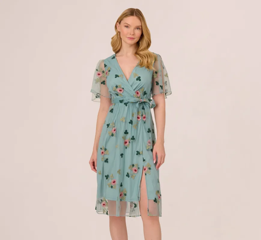 Flutter Sleeve Surplice Embroidered Midi Dress In Slate Multi sold by Adrianna Papell