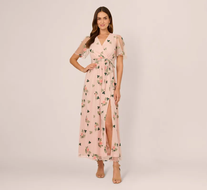 Floral Embroidered Maxi Dress With Sheer Flutter Sleeves In Blush Multi sold by Adrianna Papell
